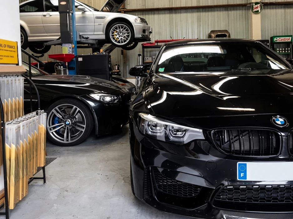 Garage automobile spécialisé BMW, intérieur atelier