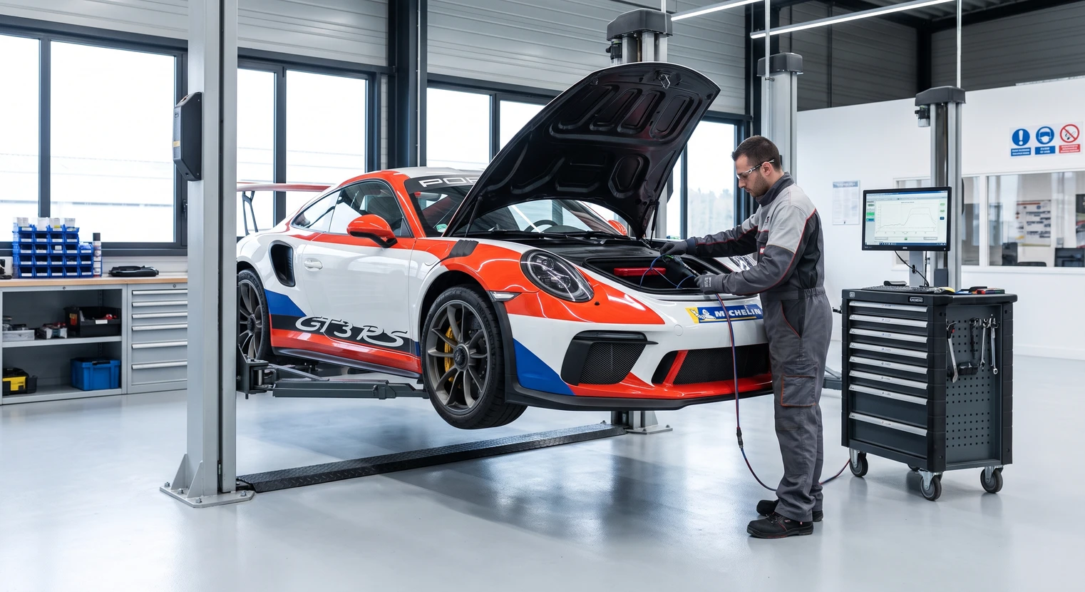 Porsche 911 GT3 RS de compétition ou véhicule de circuit professionnel photographié dans l'atelier de PresTeam Automobiles, stationnée sur un pont élévateur ou en position de travail technique. L'image doit montrer clairement l'expertise technique pointue de l'équipe (outillage diagnostique, équipements de préparation, ou détails mécaniques visibles) tout en incarnant l'excellence de la compétition automobile. Alternativement, une vue d'archive ou documentaire d'une voiture de course historique en préparation dans le garage, avec les équipes au travail - illustrant le passage du passé compétitif à l'excellence technique présente.
