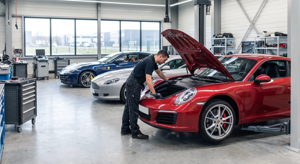 Intérieur d'un garage automobile professionnel spécialisé dans les véhicules haut de gamme. Au premier plan, un technicien en uniforme de travail professionnel examine ou travaille sur une voiture de luxe (Ferrari, Porsche ou Lamborghini). En arrière-plan, des véhicules prestige sont alignés ou stationnés, et du matériel professionnel visible (pont élévateur, outils de diagnostic, outillage spécialisé) démontre l'expertise technique. L'environnement doit être propre, organisé et équipé. La composition doit transmettre la rigueur technique, la transparence et la confiance professionnelle, sans texte ni logo visible.