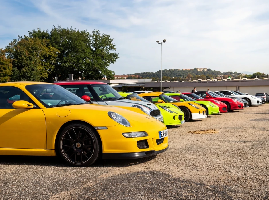 Deux hommes debout de part et d'autre d'une Porsche 911 classique blanche, immatriculée 415 AVD 59, dans un parking gravelonné