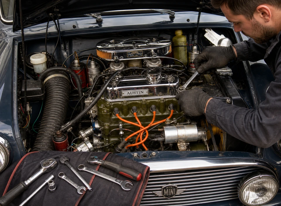 Mécaniciens en combinaisons travaillant sous le capot d'un véhicule dans un garage automobile
