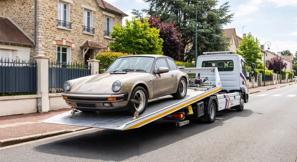Photographie réaliste montrant un technicien ou deux techniciens de PresTeam Automobiles en uniforme de travail ou vêtus professionnellement, accrochant ou préparant à transporter une voiture de prestige (Porsche, Mercedes ou autre marque haut de gamme) devant la maison d'un client, utilisant un camion plateau ou une dépanneuse de marque PresTeam. L'atmosphère doit être celle d'un service professionnel à domicile, avec le véhicule client en arrière-plan, montrant la praticité et le sérieux du service de collecte. Cadre résidentiel banlieusard ou urbain, journée ensoleillée, ambiance de confiance et de professionnalisme.