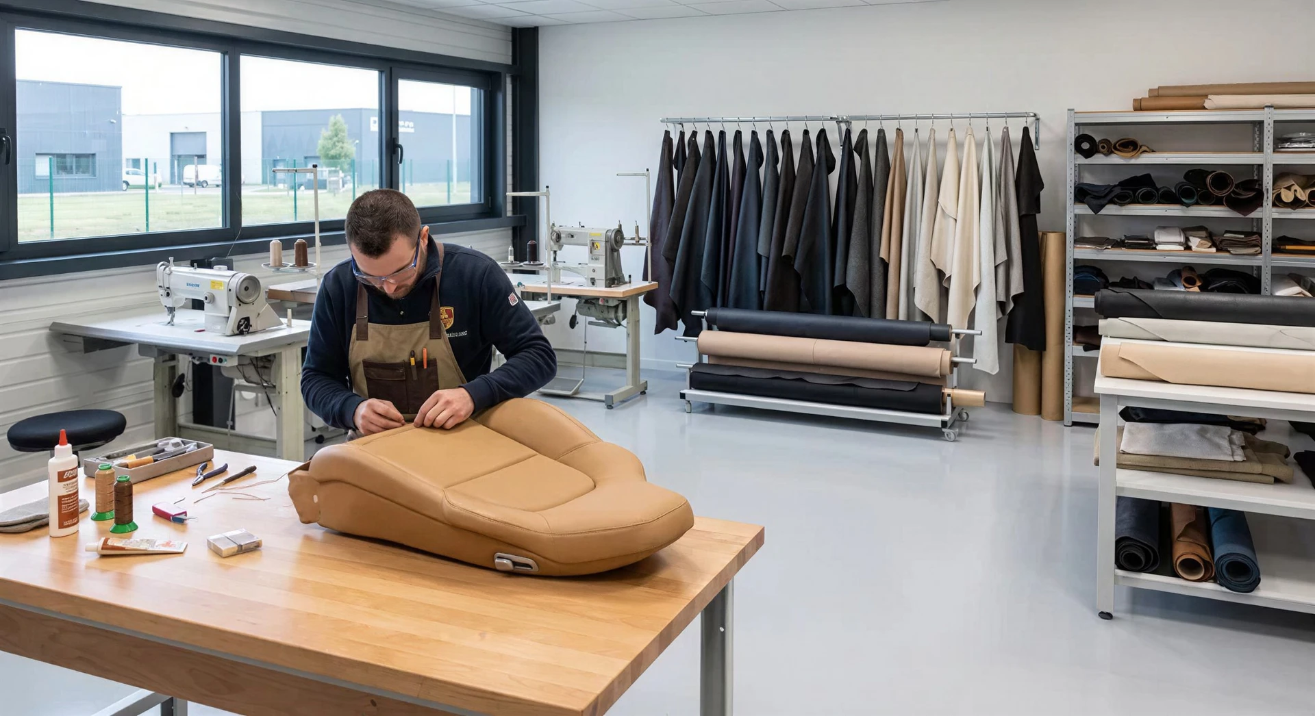 Atelier de sellerie automobile professionnel, intérieur bien éclairé aux LED. Au premier plan, un siège ou une garniture intérieure d'une voiture de prestige (Porsche, Mercedes ou BMW) en cours de restauration ou réparation : cuir haut de gamme visiblement travaillé, couture apparente, motif de surpiqûre visible. Technicien spécialisé en tenue professionnelle travaillant à l'établi avec outils de sellerie (aiguille, dés à coudre, colles spécialisées). En arrière-plan : mobilier d'atelier organisé, échantillons de cuir premium dans des nuances variées, machines de couture industrielle, revêtements textiles. Sol époxy. Atmosphère méthodique et artisanale, mettant en avant l'expertise technique et le caractère haut de gamme du travail de sellerie automobile.